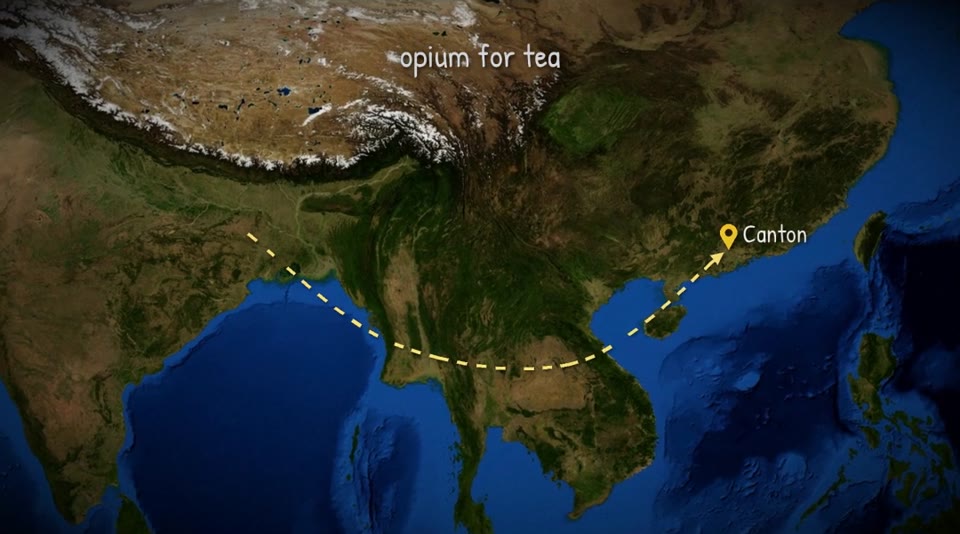 Map showing the opium-for-tea trade route from India to Canton